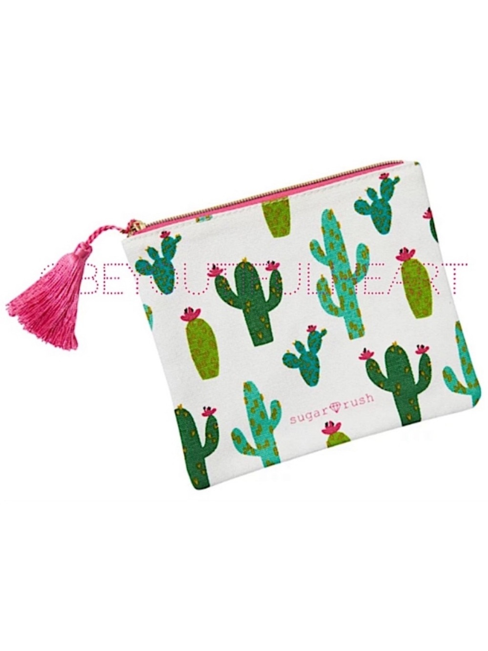tarte Sugar Rush Cactus Print Flat Canvas Makeup Bag with Pink Tassel Zipper